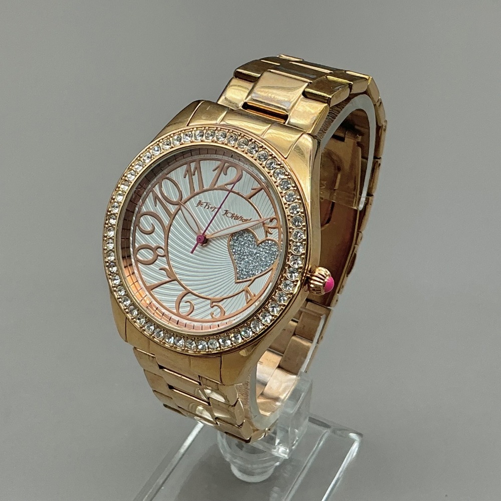 Betsey Johnson Watch Women Gold Tone Crystal Heart Dial Link Band NEW BATTERY